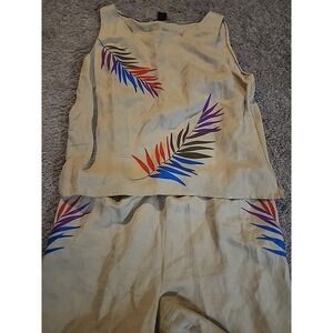 Via Seta Silk &  Linen  Capri Pants Set Size 14, Colorful Leaf Embroidery Retro